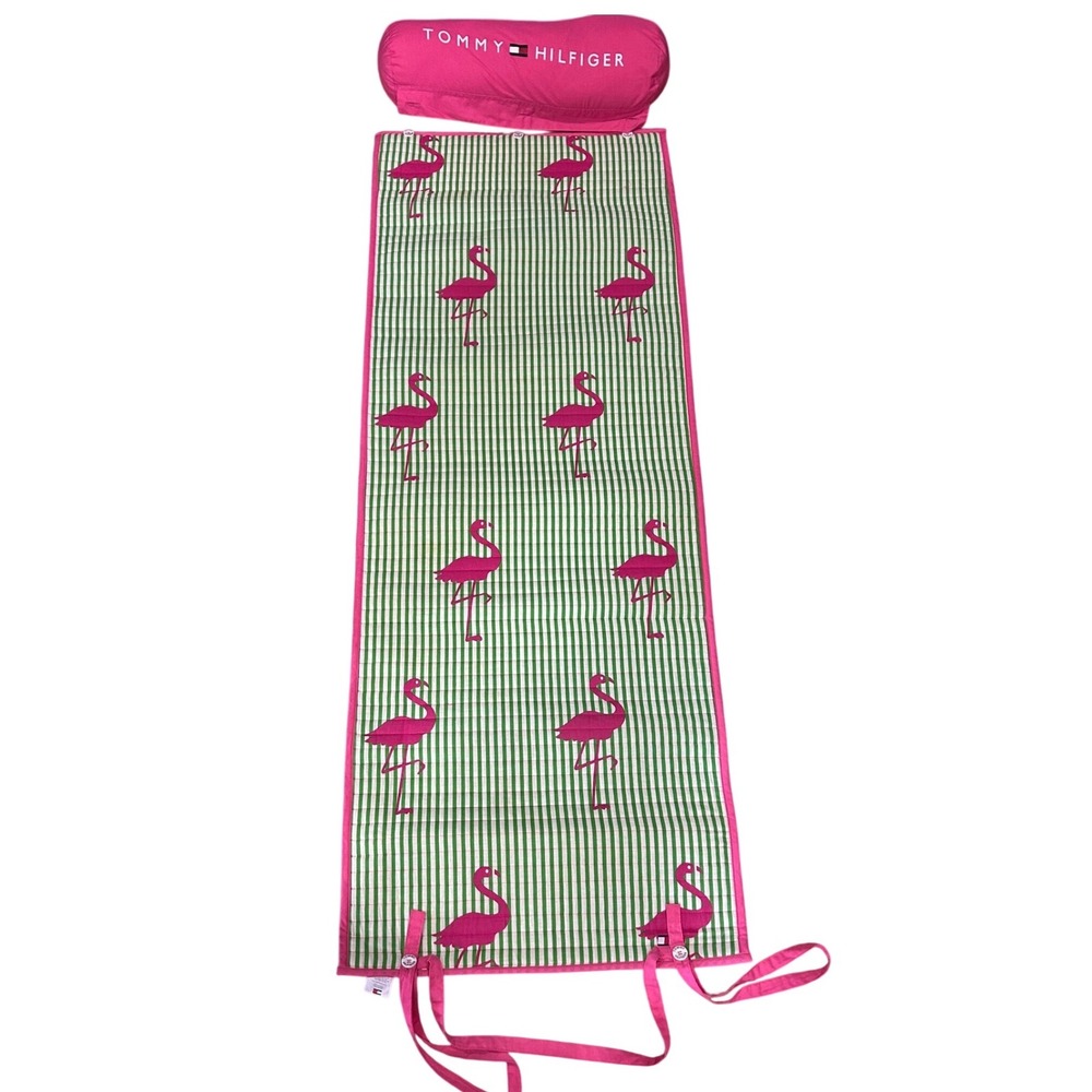 Tommy Hilfiger Pink Flamingo Stripe Beach Mat with Bolster Pillow Green Pink EUC